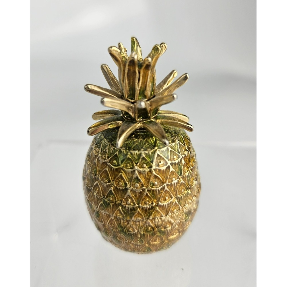 Monet Enameled Pineapple Keepsake Pill‎ Trinket Box Gold Tone